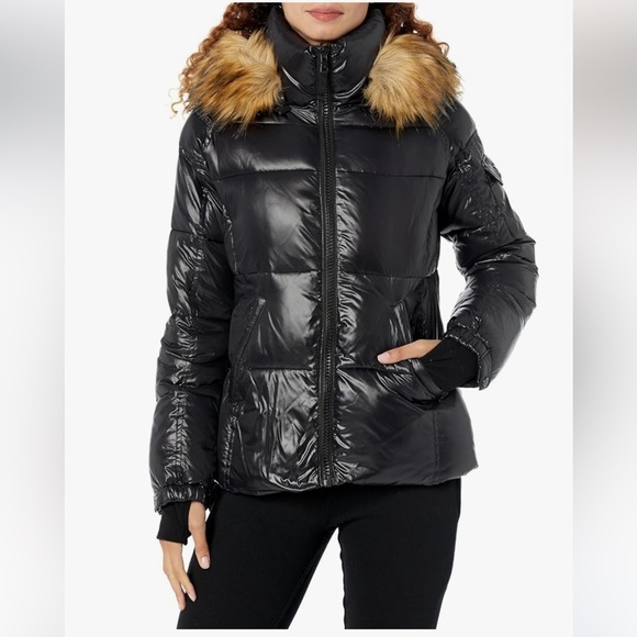 S13 Down/Feather Gloss Faux Fur Trimmed Puffer Coat - Black | M - Picture 1 of 7